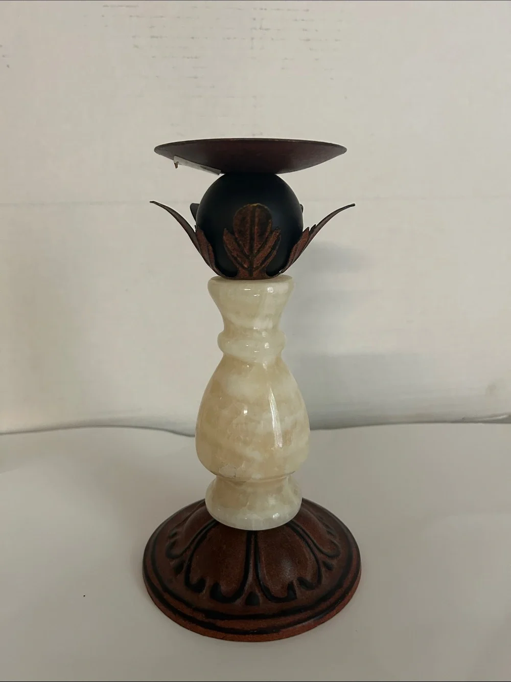 Decorative Cream Alabaster and Brown Metal Candlestick Holder